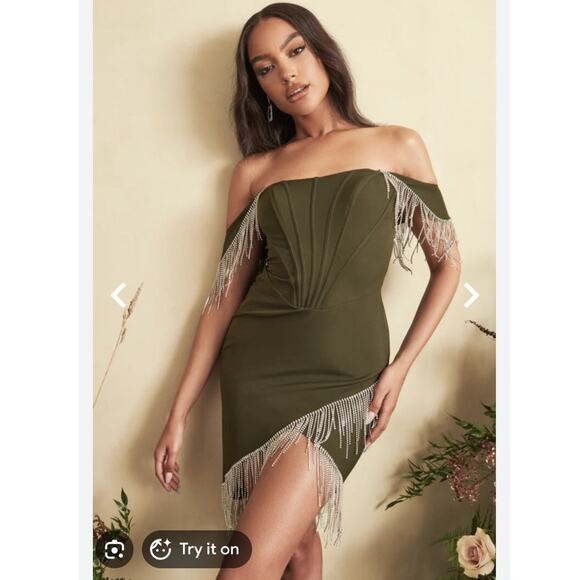 Lavish Alice Dresses & Skirts - Lavish Alice Bardot Corset Mini Dress Beaded Fringe 8 Prom Swiftie Bling Khaki